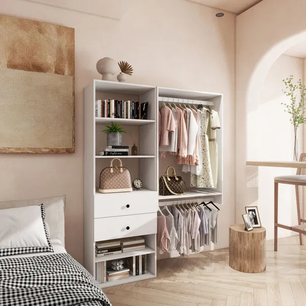 Livelylodge Modular Closet Organizer System: Modern White Open Wardrobe Closet For Bedroom Walk In Closet With 2 Drawers & 6 Shelves & 1 Hanging Rods Storage Closet 54.6"L*17.16"W*70.2"H