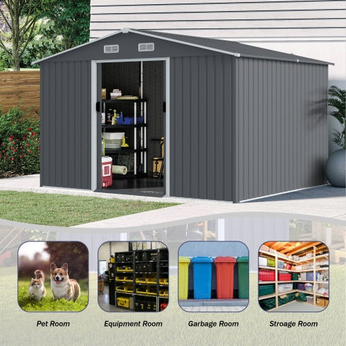 Outdoor Storage Shed 8 X 10 FT Large Metal Tool Sheds  Heavy Duty Storage House With Sliding Doors With Air Vent For Patio Lawn To Store Bikes Tools, Lawnmowers Grey