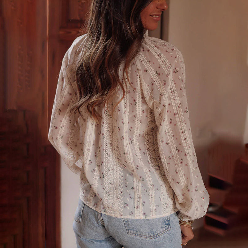 Boho Chic Women's Blouse, Floral Print V Neck Lantern Sleeve Sheer Top For Elegant Casual Wear
