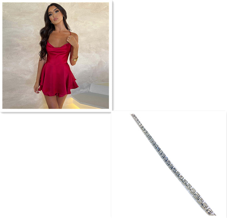 Skirt For Women Elegant Slim Strap Satin Backless Lace Up A-Line Short Dress Lady