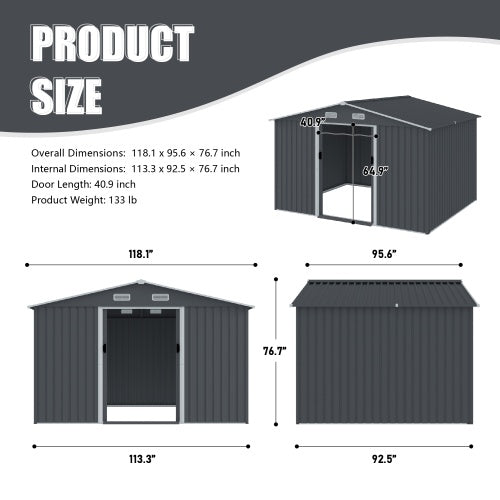 Outdoor Storage Shed 8 X 10 FT Large Metal Tool Sheds  Heavy Duty Storage House With Sliding Doors With Air Vent For Patio Lawn To Store Bikes Tools, Lawnmowers Grey