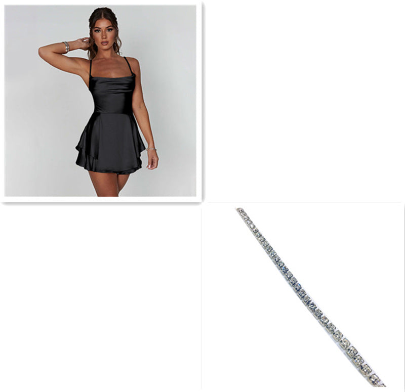 Skirt For Women Elegant Slim Strap Satin Backless Lace Up A-Line Short Dress Lady