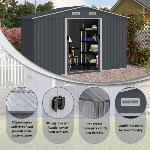 Outdoor Storage Shed 8 X 10 FT Large Metal Tool Sheds  Heavy Duty Storage House With Sliding Doors With Air Vent For Patio Lawn To Store Bikes Tools, Lawnmowers Grey