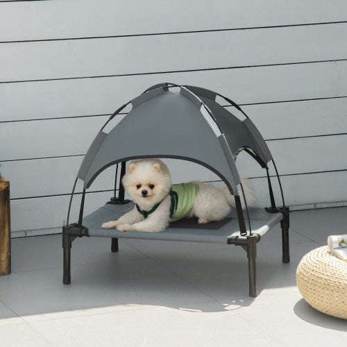 PawHut Elevated Portable Dog Cot Pet Bed With UV Protection Canopy Shade, 24 Inch, Gray