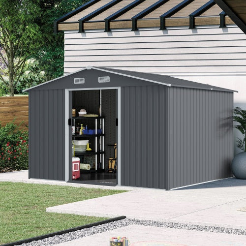 Outdoor Storage Shed 8 X 10 FT Large Metal Tool Sheds  Heavy Duty Storage House With Sliding Doors With Air Vent For Patio Lawn To Store Bikes Tools, Lawnmowers Grey